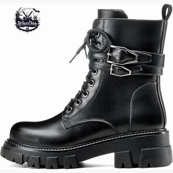 Shoes - Women's Combat Boots with Buckle Detail Lug Sole Ankle Booties